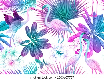 Seamless pattern, background with tropical plants, flowers and birds. Colored vector illustration in neon, fluorescent colors. Isolated on white background.