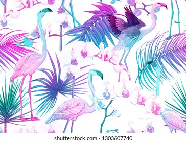 Seamless pattern, background with tropical plants, flowers and birds. Colored vector illustration in neon, fluorescent colors. Isolated on white background.