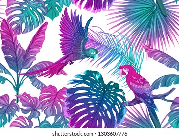 Seamless pattern, background with tropical plants, flowers and birds. Colored vector illustration in neon, fluorescent colors. Isolated on white background.