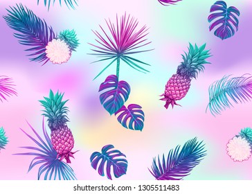 Seamless pattern, background with tropical plants, flowers. Colored vector illustration in neon, fluorescent colors. In light ultra violet pastel colors on mesh pink, blue background 

