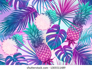 Seamless pattern, background with tropical plants, flowers. Colored vector illustration in neon, fluorescent colors. In light ultra violet pastel colors on mesh pink, blue background 

