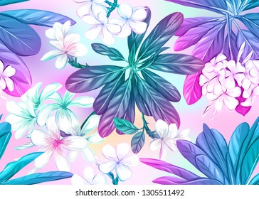 Seamless pattern, background with tropical plants, flowers. Colored vector illustration in neon, fluorescent colors. In light ultra violet pastel colors on mesh pink, blue background 

