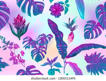Seamless pattern, background with tropical plants, flowers. Colored vector illustration in neon, fluorescent colors. In light ultra violet pastel colors on mesh pink, blue background 

