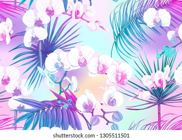 Seamless pattern, background with tropical plants, flowers. Colored vector illustration in neon, fluorescent colors. In light ultra violet pastel colors on mesh pink, blue background 

