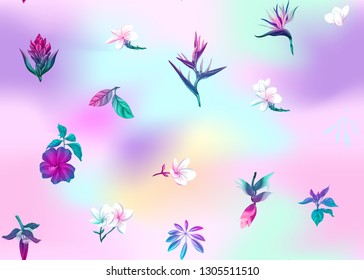 Seamless pattern, background with tropical plants, flowers. Colored vector illustration in neon, fluorescent colors. In light ultra violet pastel colors on mesh pink, blue background 

