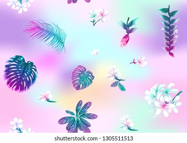 Seamless pattern, background with tropical plants, flowers. Colored vector illustration in neon, fluorescent colors. In light ultra violet pastel colors on mesh pink, blue background 

