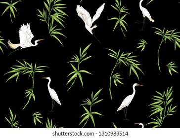 Seamless pattern, background with tropical plants, flowers and birds. Colored vector illustration. Isolated on black background.