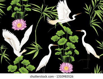 Seamless pattern, background with tropical plants, flowers and birds. Colored vector illustration. Isolated on black background.