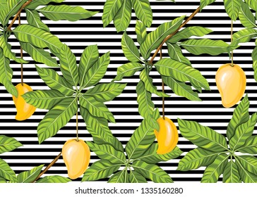 Seamless pattern, background with tropical plants, flowers. Colored vector illustration. On black-and-white stripes background