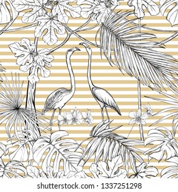 Seamless pattern, background. with tropical plants and flowers with white orchid and tropical birds. Graphic drawing, engraving style. vector illustration. Black and white on beige and white stripes.