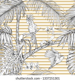 Seamless pattern, background. with tropical plants and flowers with white orchid and tropical birds. Graphic drawing, engraving style. vector illustration. Black and white on beige and white stripes.