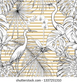 Seamless pattern, background. with tropical plants and flowers with white orchid and tropical birds. Graphic drawing, engraving style. vector illustration. Black and white on beige and white stripes.
