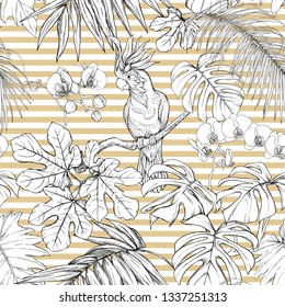 Seamless pattern, background. with tropical plants and flowers with white orchid and tropical birds. Graphic drawing, engraving style. vector illustration. Black and white on beige and white stripes.