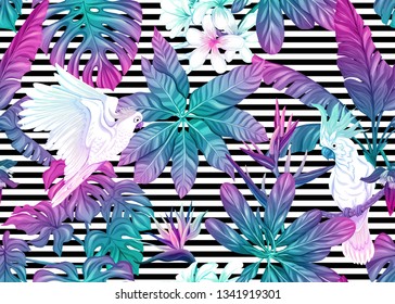 Seamless pattern, background with tropical plants, flowers and birds. Colored vector illustration in neon, fluorescent colors. On black and white stripes background