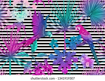 Seamless pattern, background with tropical plants, flowers and birds. Colored vector illustration in neon, fluorescent colors. On black and white stripes background