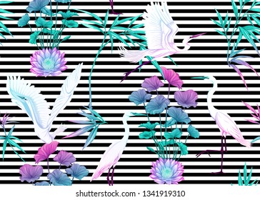 Seamless pattern, background with tropical plants, flowers and birds. Colored vector illustration in neon, fluorescent colors. On black and white stripes background