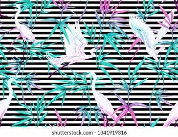 Seamless pattern, background with tropical plants, flowers and birds. Colored vector illustration in neon, fluorescent colors. On black and white stripes background