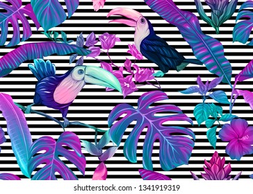 Seamless pattern, background with tropical plants, flowers and birds. Colored vector illustration in neon, fluorescent colors. On black and white stripes background