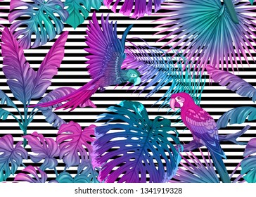 Seamless pattern, background with tropical plants, flowers and birds. Colored vector illustration in neon, fluorescent colors. On black and white stripes background