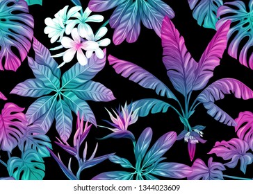 Seamless pattern, background with tropical plants, flowers. Colored vector illustration in neon, fluorescent colors. Isolated on black background.

