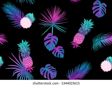 Seamless pattern, background with tropical plants, flowers. Colored vector illustration in neon, fluorescent colors. Isolated on black background.

