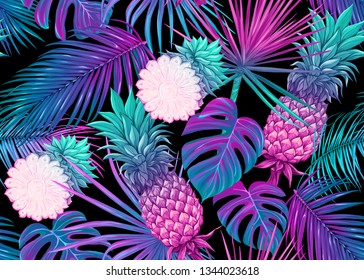 Seamless pattern, background with tropical plants, flowers. Colored vector illustration in neon, fluorescent colors. Isolated on black background.

