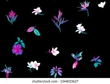 Seamless pattern, background with tropical plants, flowers. Colored vector illustration in neon, fluorescent colors. Isolated on black background.

