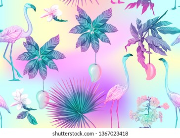 Seamless pattern, background with tropical plants, flowers and birds. Colored vector illustration in neon, fluorescent colors. In light ultra violet pastel colors on mesh pink, blue background 