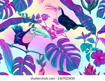 Patrón inoxidable, fondo con plantas tropicales, flores y pájaros. Ilustración vectorial de color neón, colores fluorescentes. En tonos pastel ultravioleta en malla rosa y azul