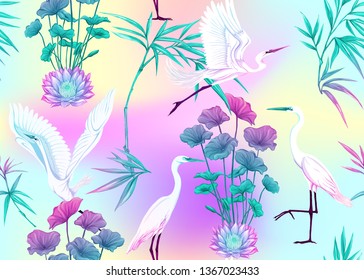 Seamless pattern, background with tropical plants, flowers and birds. Colored vector illustration in neon, fluorescent colors. In light ultra violet pastel colors on mesh pink, blue background 