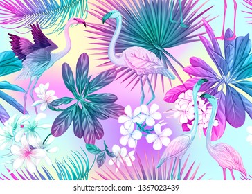 Seamless pattern, background with tropical plants, flowers and birds. Colored vector illustration in neon, fluorescent colors. In light ultra violet pastel colors on mesh pink, blue background 
