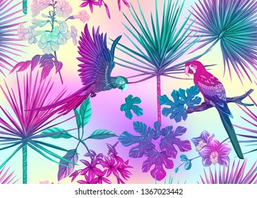 Seamless pattern, background with tropical plants, flowers and birds. Colored vector illustration in neon, fluorescent colors. In light ultra violet pastel colors on mesh pink, blue background 