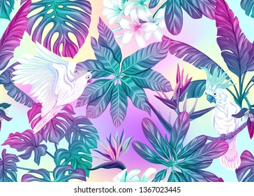 Seamless pattern, background with tropical plants, flowers and birds. Colored vector illustration in neon, fluorescent colors. In light ultra violet pastel colors on mesh pink, blue background 