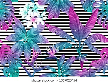 Seamless pattern, background with tropical plants, flowers. Colored vector illustration in neon, fluorescent colors. On black-and-white stripes background

