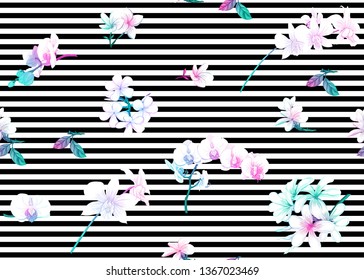 Seamless pattern, background with tropical plants, flowers. Colored vector illustration in neon, fluorescent colors. On black-and-white stripes background

