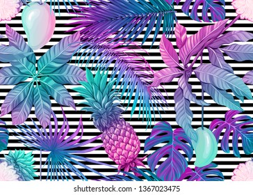 Seamless pattern, background with tropical plants, flowers. Colored vector illustration in neon, fluorescent colors. On black-and-white stripes background

