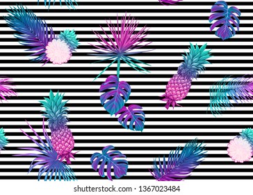 Seamless pattern, background with tropical plants, flowers. Colored vector illustration in neon, fluorescent colors. On black-and-white stripes background

