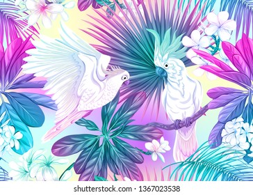 Seamless pattern, background with tropical plants, flowers and birds. Colored vector illustration in neon, fluorescent colors. In light ultra violet pastel colors on mesh pink, blue background 