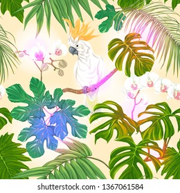 Seamless pattern, background. with tropical plants and flowers with white orchid and tropical birds. Colored vector illustration in neon, fluorescent colors on soft yellow background.
