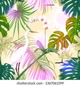Seamless pattern, background. with tropical plants and flowers with white orchid and tropical birds. Colored vector illustration in neon, fluorescent colors on soft yellow background.