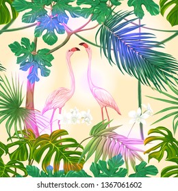 Seamless pattern, background. with tropical plants and flowers with white orchid and tropical birds. Colored vector illustration in neon, fluorescent colors on soft yellow background.
