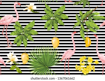 Seamless pattern, background with tropical plants, flowers and birds. Colored vector illustration. On black and white stripes background
