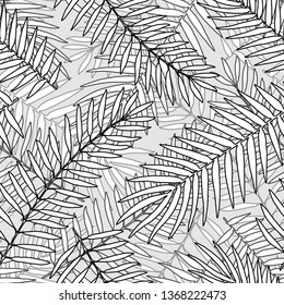 Seamless pattern background with tropical plants palm leaves. Graphic drawing doodle book, engraving style monochrome vector illustration. Black and white etching background