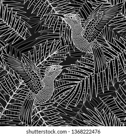 Seamless pattern, background with tropical plants, flower, palm leaves and colibri birds. Graphic drawing, engraving style monochrome vector illustration. Black and white etching background