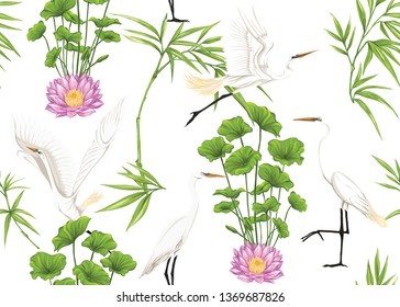 Seamless pattern, background with tropical plants, flowers and birds. Colored vector illustration. Isolated on white background.