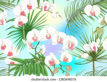Seamless pattern, background with tropical plants, flowers. Colored vector illustration. In light ultra violet pastel colors on mesh pink, blue background 