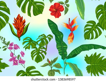 Seamless pattern, background with tropical plants, flowers. Colored vector illustration. In light ultra violet pastel colors on mesh pink, blue background 