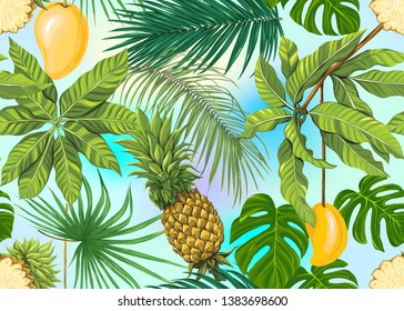 Seamless pattern, background with tropical plants, flowers. Colored vector illustration. In light ultra violet pastel colors on mesh pink, blue background 