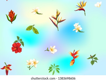 Seamless pattern, background with tropical plants, flowers. Colored vector illustration. In light ultra violet pastel colors on mesh pink, blue background 