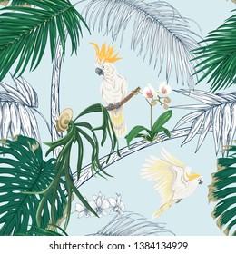 Seamless pattern, background. with tropical plants and flowers with white orchid and tropical birds on sky blue background. Colored and outline design. Vector illustration.
